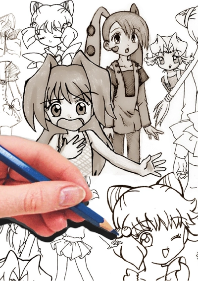 En hånd der farvelægger en tegning af Manga figurer