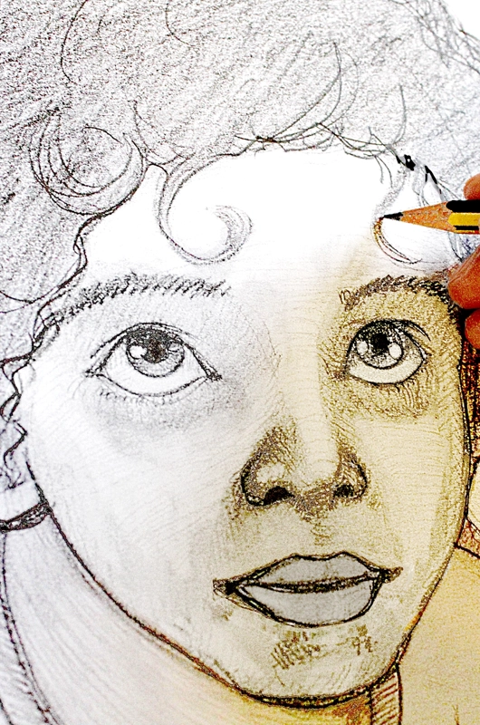 En person der tegner et barn med blyant