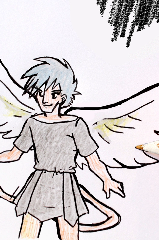 Tegning af en dreng med vinger